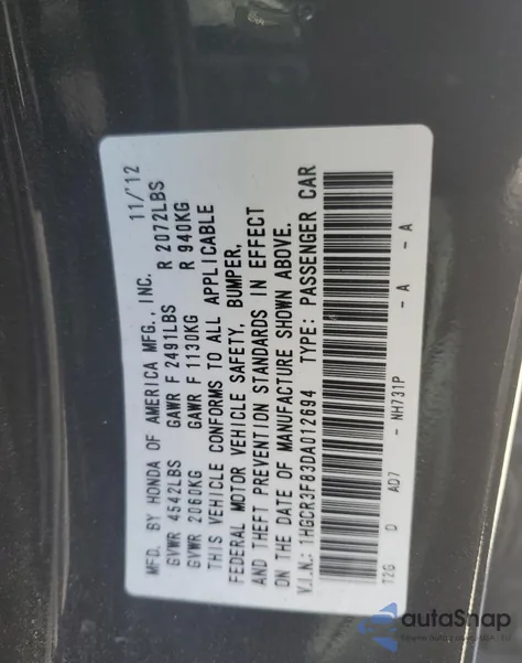 2013 Honda Accord Exl from USA, damaged, VIN 1HGCR3F83DA012694
